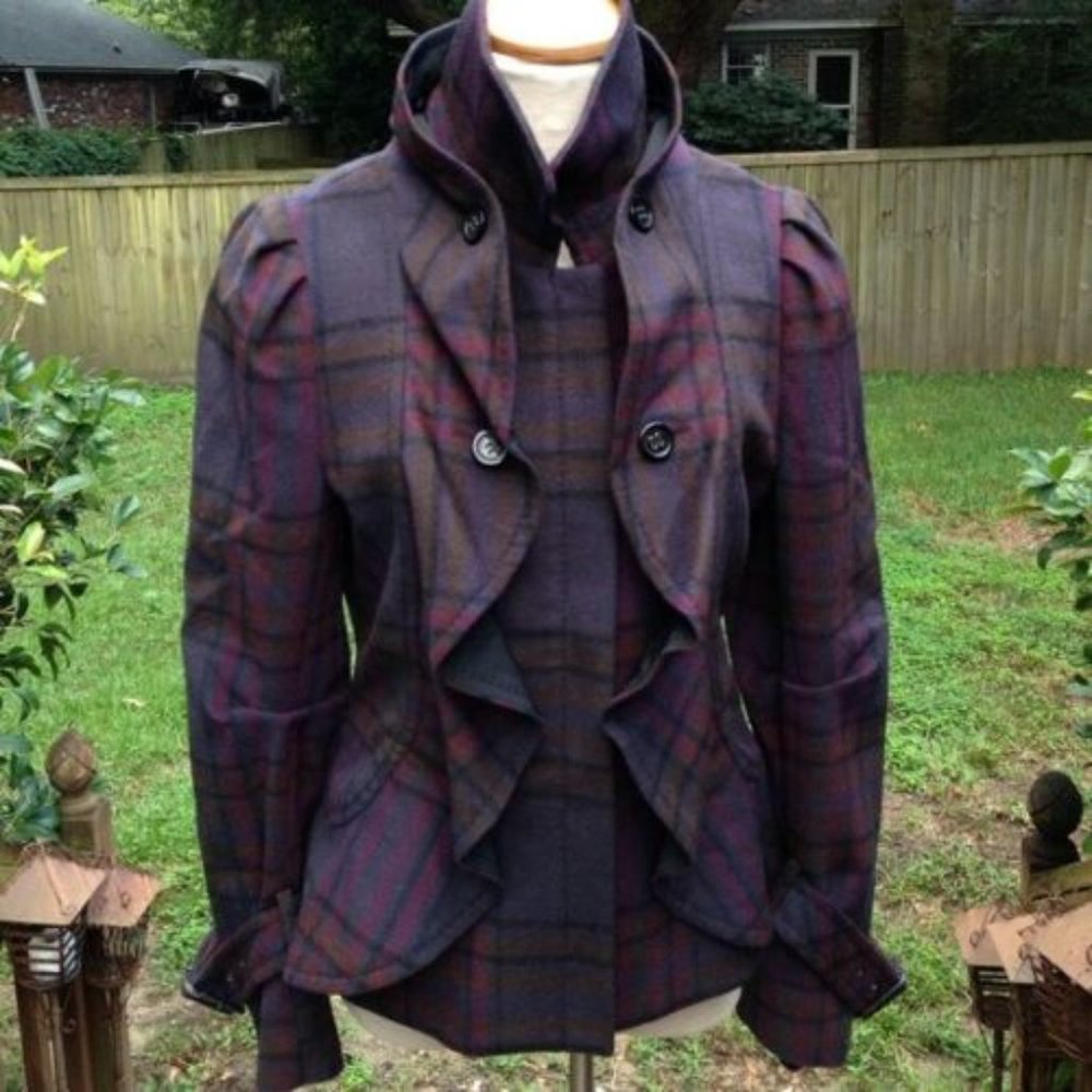 BCBG MAX AZRIA Mystic Purple Plaid Ruffle Coat S